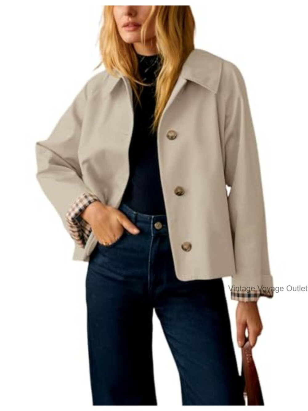 Women's Oversized Crop Trench Coat with Plaid Lining and Pockets